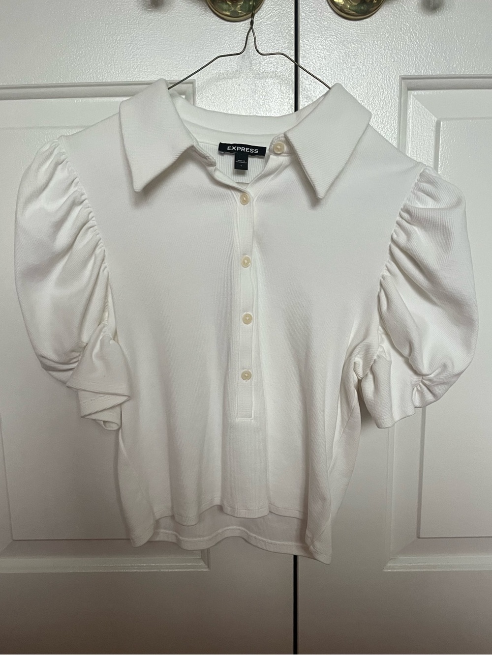 Express White Puff Sleeve Polo Top